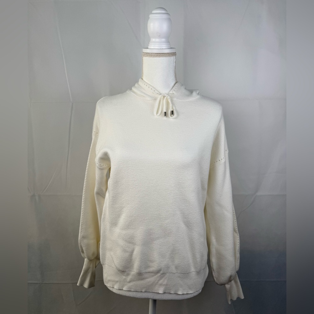 Magaschoni White Cowl Neck Sweater Size M Hooded Eyelet Design Y2K Soft